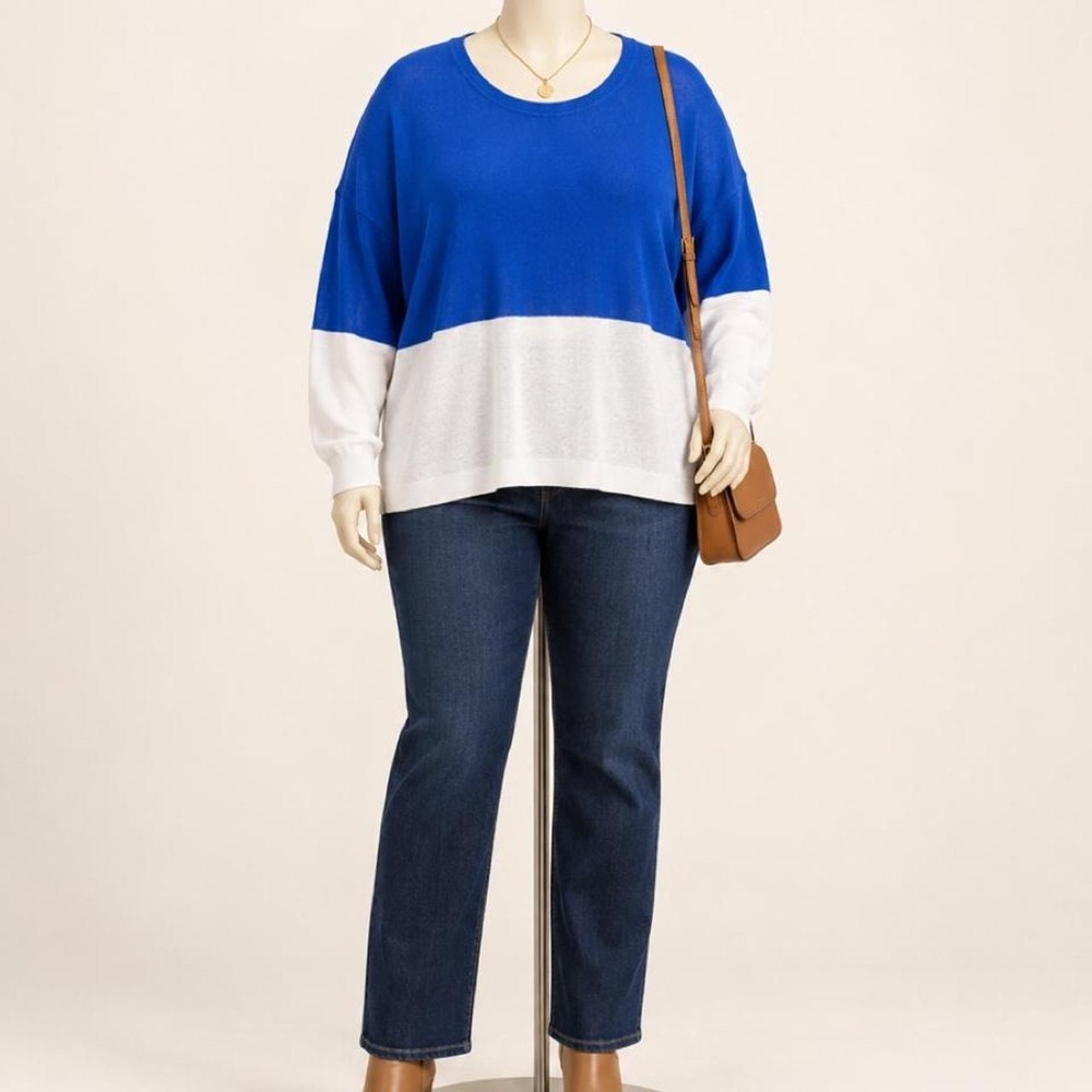 Cato Blue & White Colorblock Linen Blend Sweater Size 18/20W